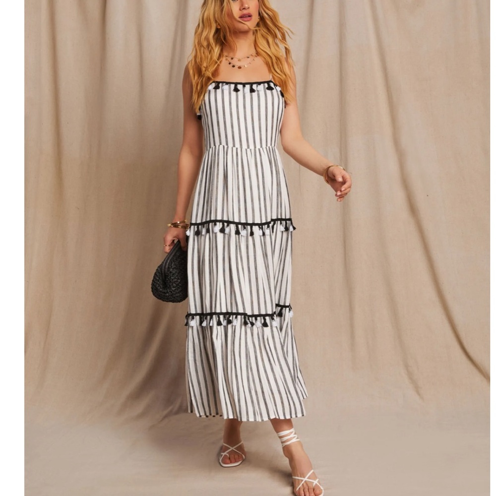 Paislee Tassel Striped Tiered Midi Dress - Black/White